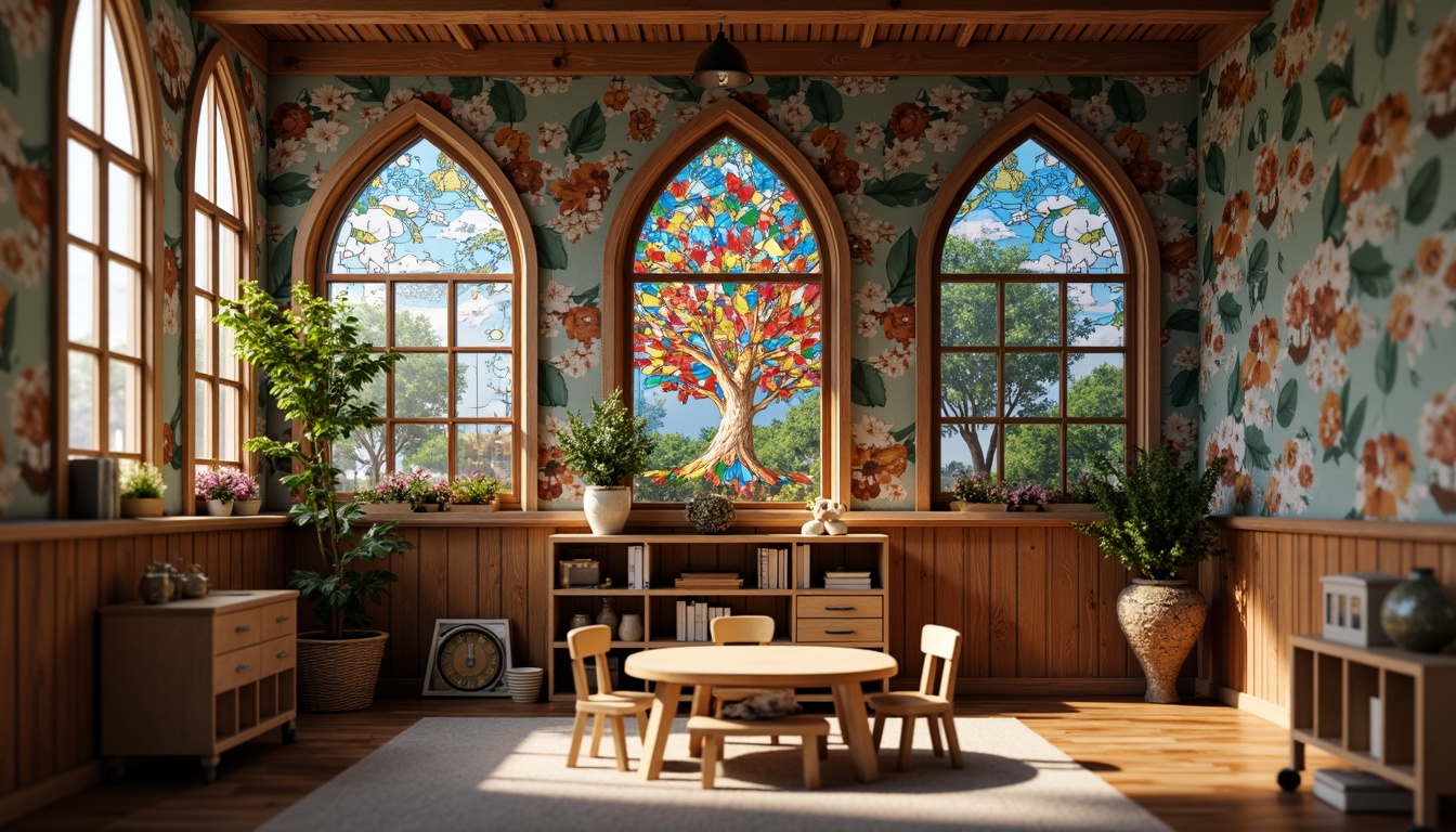 Prompt: Whimsical kindergarten classroom, ornate Gothic arches, vibrant stained glass windows, colorful wall murals, playful fairy tale illustrations, 3D castle-shaped shelves, wooden wainscoting, richly textured brick walls, distressed stone accents, mystical forest-inspired wallpaper, twinkling string lights, soft warm lighting, shallow depth of field, 1/2 composition, realistic textures, ambient occlusion.