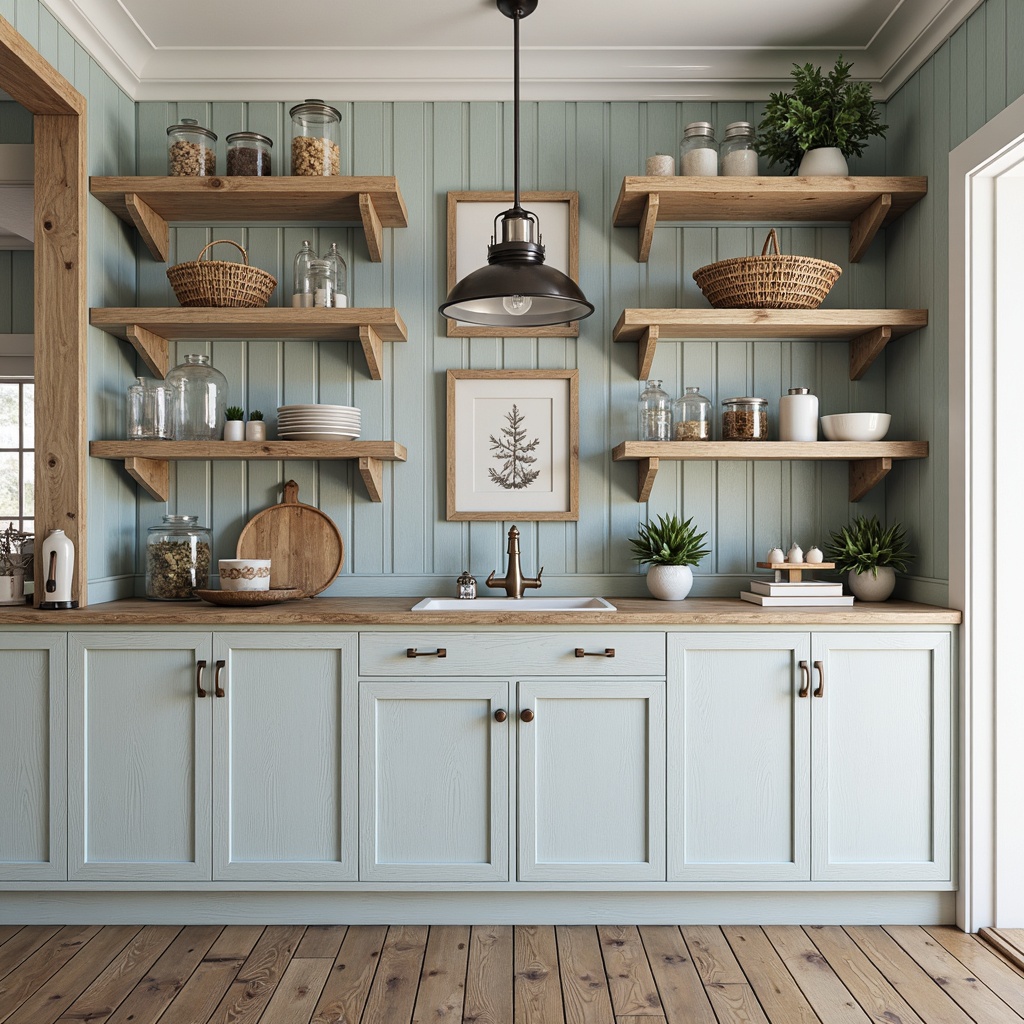 Prompt: Coastal pantry, reclaimed wood shelving, distressed finishes, beachy vibe, nautical accents, glass jars, woven baskets, ceramic canisters, pendant lighting, ocean-inspired color palette, soft blues, crisp whites, weathered woods, natural textures, open shelving, decorative corbels, rustic hardware, airy atmosphere, abundant natural light, 1/1 composition, shallow depth of field, realistic rendering.