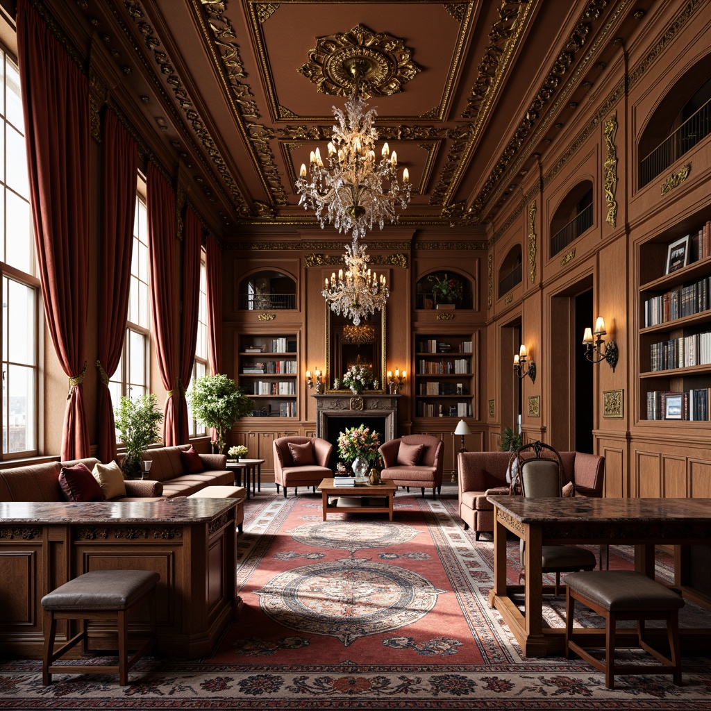 Prompt: Opulent library, lavish furnishings, intricately carved wooden panels, gilded accents, ornate mirrors, velvet drapes, plush armchairs, Louis XVI style furniture, curved legs, cabriole legs, marble-topped tables, bronze hardware, crystal chandeliers, richly patterned rugs, golden lighting fixtures, soft warm glow, shallow depth of field, 3/4 composition, realistic textures, ambient occlusion.