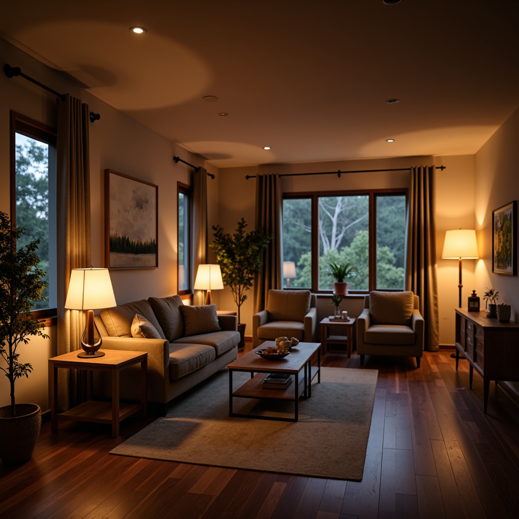 Prompt: Modern living room, cozy atmosphere, warm white lighting, floor lamps, table lamps, pendant lights, chandeliers, ceiling fixtures, soft glow, gentle shadows, comfortable seating, wooden furniture, natural textures, earthy tones, relaxing ambiance, warm color palette, soft focus, shallow depth of field, 1/1 composition, realistic rendering.