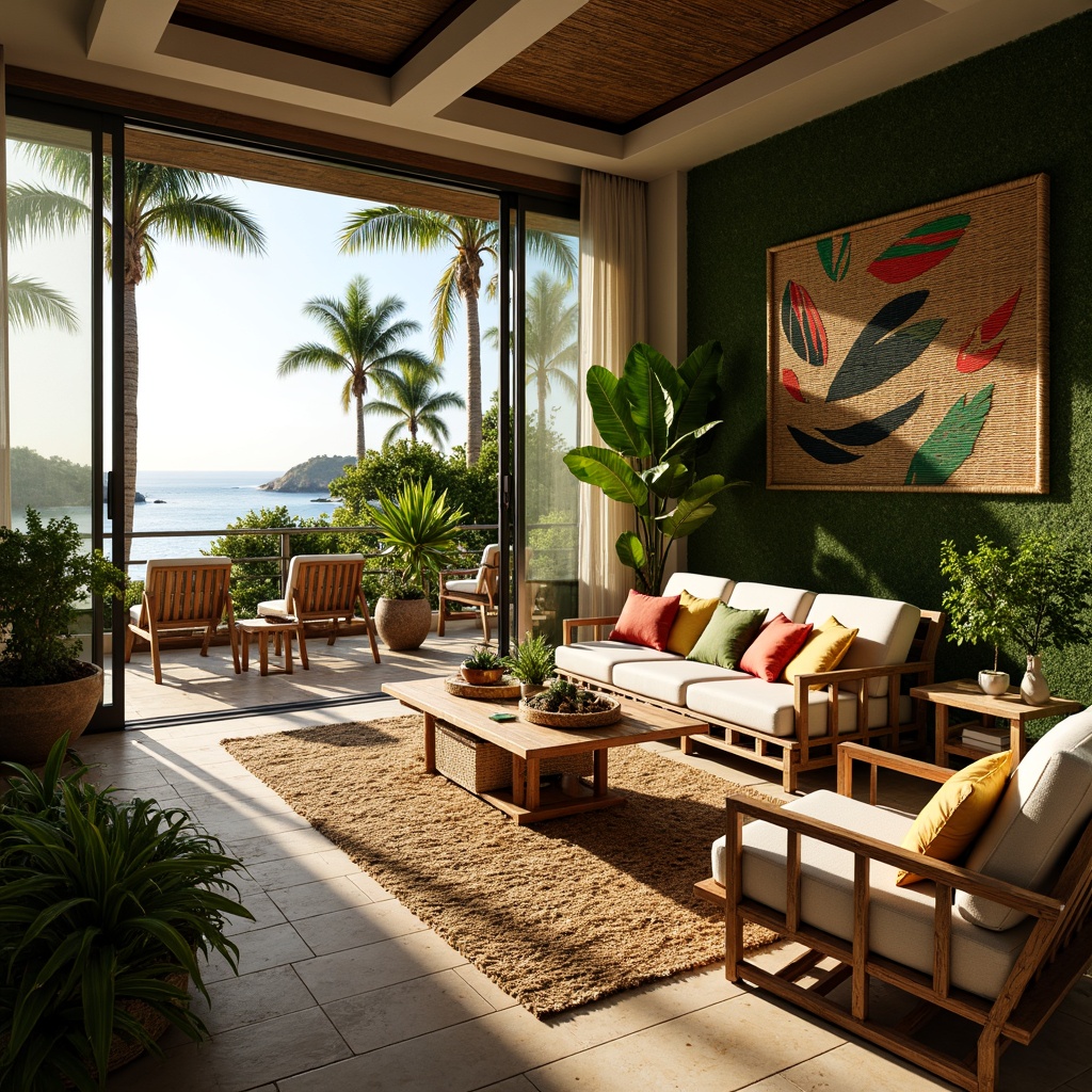 Prompt: Vibrant living room, lush greenery, exotic plants, rattan furniture, woven textiles, natural fiber rugs, wooden accents, tropical-inspired patterns, colorful throw pillows, bamboo wall decor, floor-to-ceiling windows, sliding glass doors, ocean views, sunny day, warm soft lighting, shallow depth of field, 3/4 composition, realistic textures, ambient occlusion.