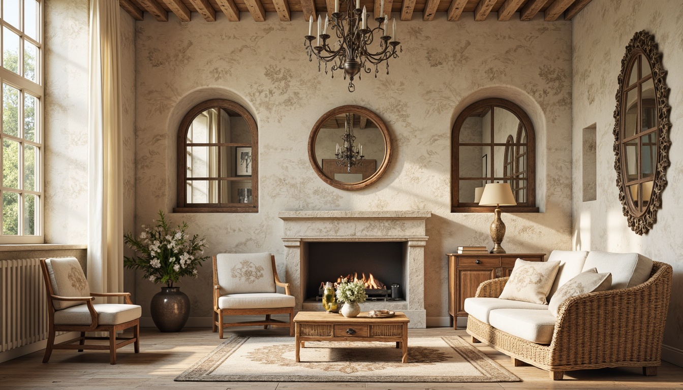 Prompt: Rustic stone walls, distressed wooden planks, vintage window shutters, soft cream-colored stucco, natural limestone facades, elegant ornate mirrors, delicate lace curtains, woven rattan furniture, warm beige tones, soft golden lighting, shallow depth of field, 1/1 composition, realistic textures, ambient occlusion, French provincial-inspired patterns, floral motifs, subtle distressed finishes.