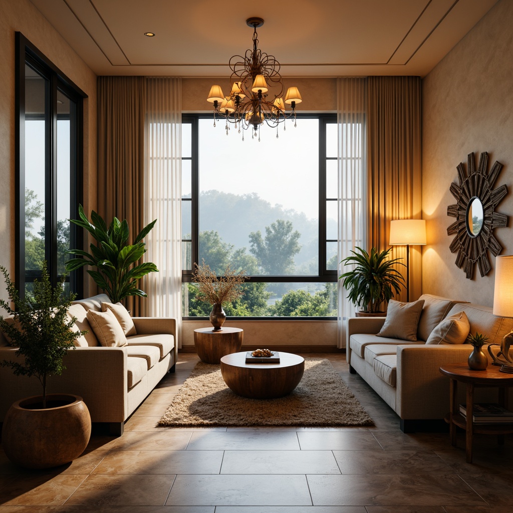 Prompt: Cozy modern living room, warm ambient lighting, soft glowing lamps, comfortable sofas, rustic wooden coffee tables, vibrant greenery, floor-to-ceiling windows, sheer white curtains, elegant chandeliers, warm beige walls, polished marble floors, atmospheric misty morning, subtle backlighting, 1/1 composition, shallow depth of field, realistic textures, ambient occlusion.