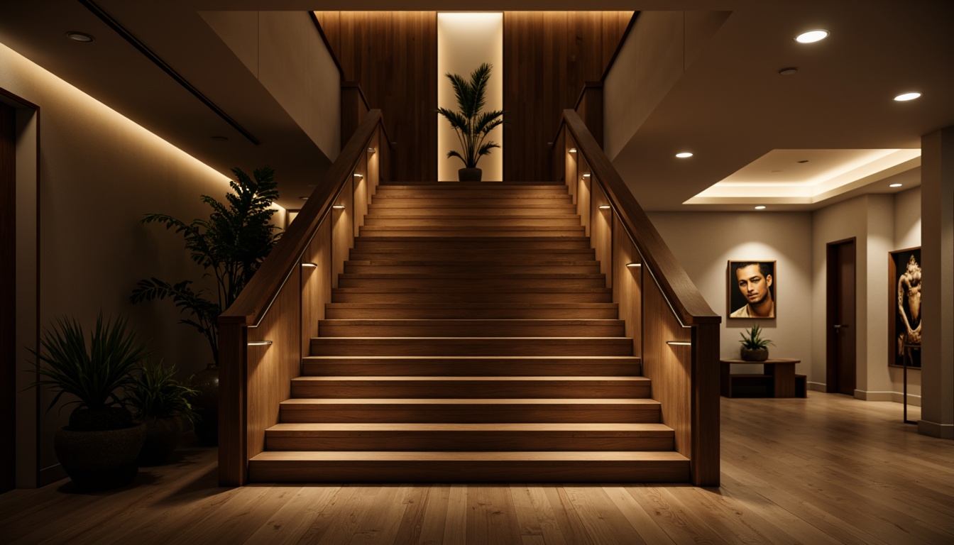 Prompt: Elegant staircase, subtle LED lighting, sleek metal railings, polished wooden steps, modern minimalist design, soft warm glow, ambient illumination, recessed light fixtures, hidden LED strips, futuristic ambiance, high-ceiling entrance hall, luxurious residential interior, dramatic shadows, 1/1 composition, shallow depth of field, realistic textures, soft focus blur.