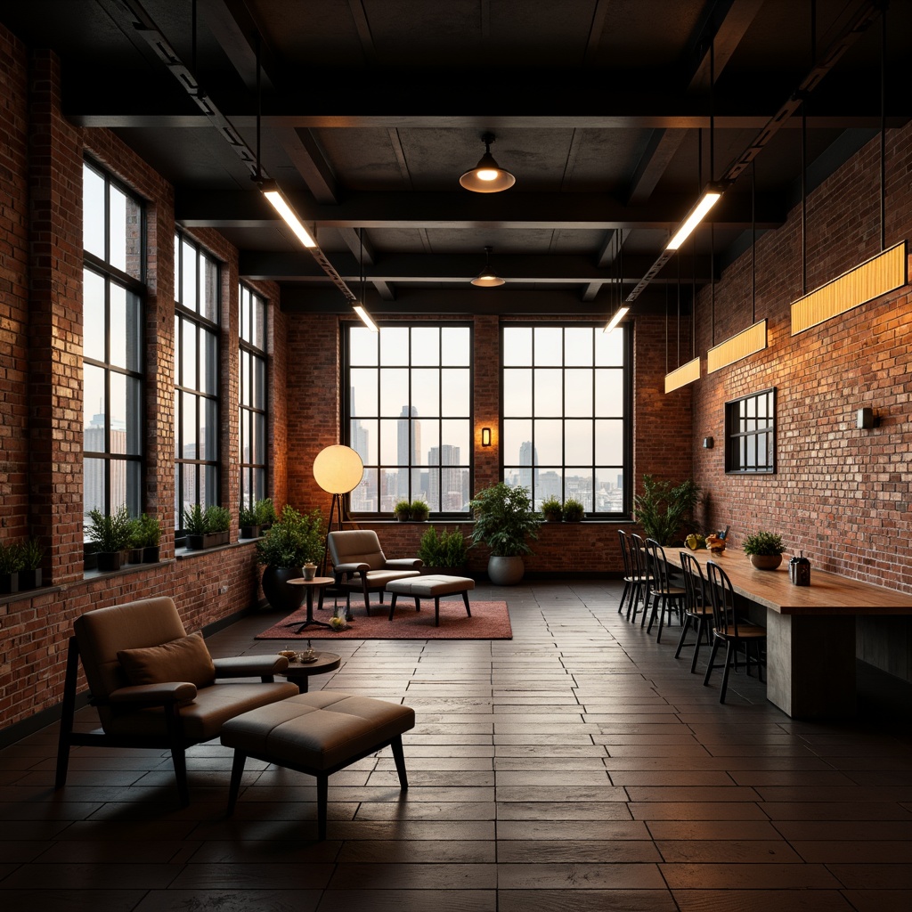 Prompt: Industrial loft space, exposed brick walls, metal beams, reclaimed wood floors, minimalist decor, modern lighting fixtures, warm ambiance, cozy atmosphere, softbox lights, floor lamps, table lamps, pendant lights, LED strips, ambient illumination, task lighting, accent lighting, natural light pouring in, large windows, urban skyline views, cityscape backdrop, warm color temperature, high contrast ratio, dramatic shadows, 1/2 composition, cinematic mood.