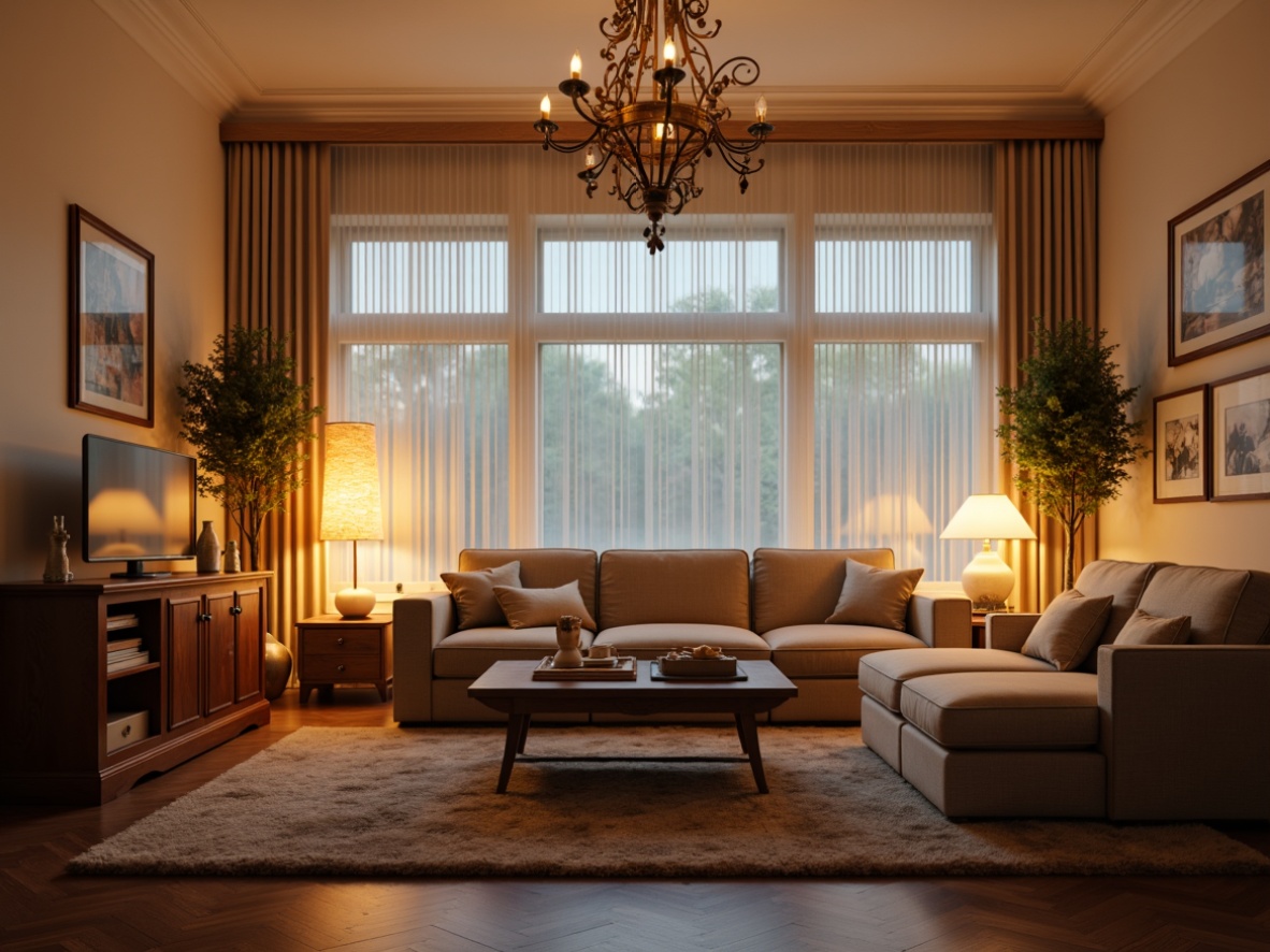 Prompt: Warm cozy living room, soft glowing table lamps, floor-to-ceiling windows, natural daylight, sheer white curtains, creamy walls, plush area rug, comfortable sectional sofa, wooden coffee table, decorative metal chandelier, warm ambient lighting, 1/2 composition, shallow depth of field, realistic textures, atmospheric glow.