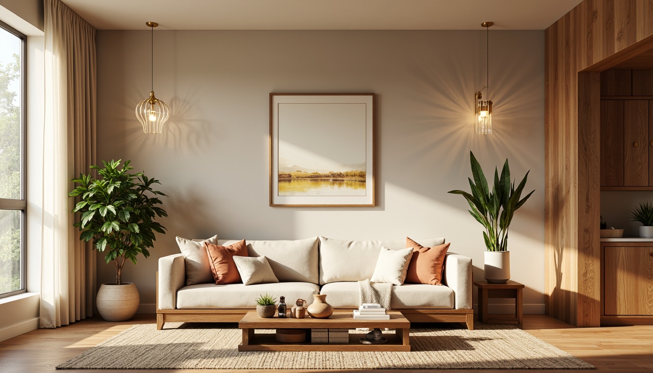 Prompt: Cozy living room, warm beige walls, rich walnut furniture, soft cream accents, plush velvet fabrics, natural woven rugs, earthy terracotta vases, elegant gold lighting fixtures, subtle texture contrasts, calming atmosphere, morning sunlight, gentle warm shadows, 1/1 composition, realistic renderings, ambient occlusion.