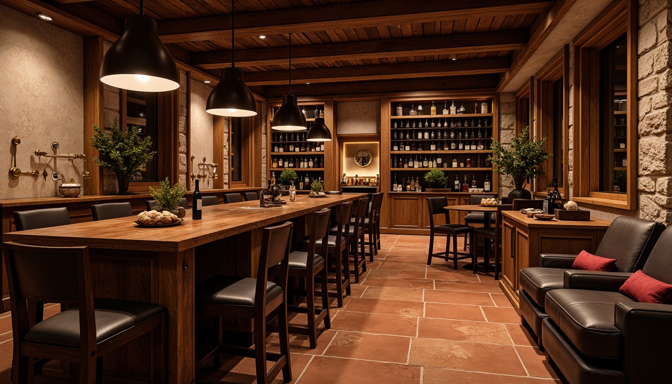 Prompt: Luxurious wine cellar, rich wood tones, dark leather furniture, warm golden lighting, earthy terracotta floors, rustic stone walls, soft burgundy accents, elegant chrome fixtures, sophisticated neutral backgrounds, intimate ambiance, dramatic shadows, low-key illumination, 1/2 composition, shallow depth of field, realistic textures, ambient occlusion.