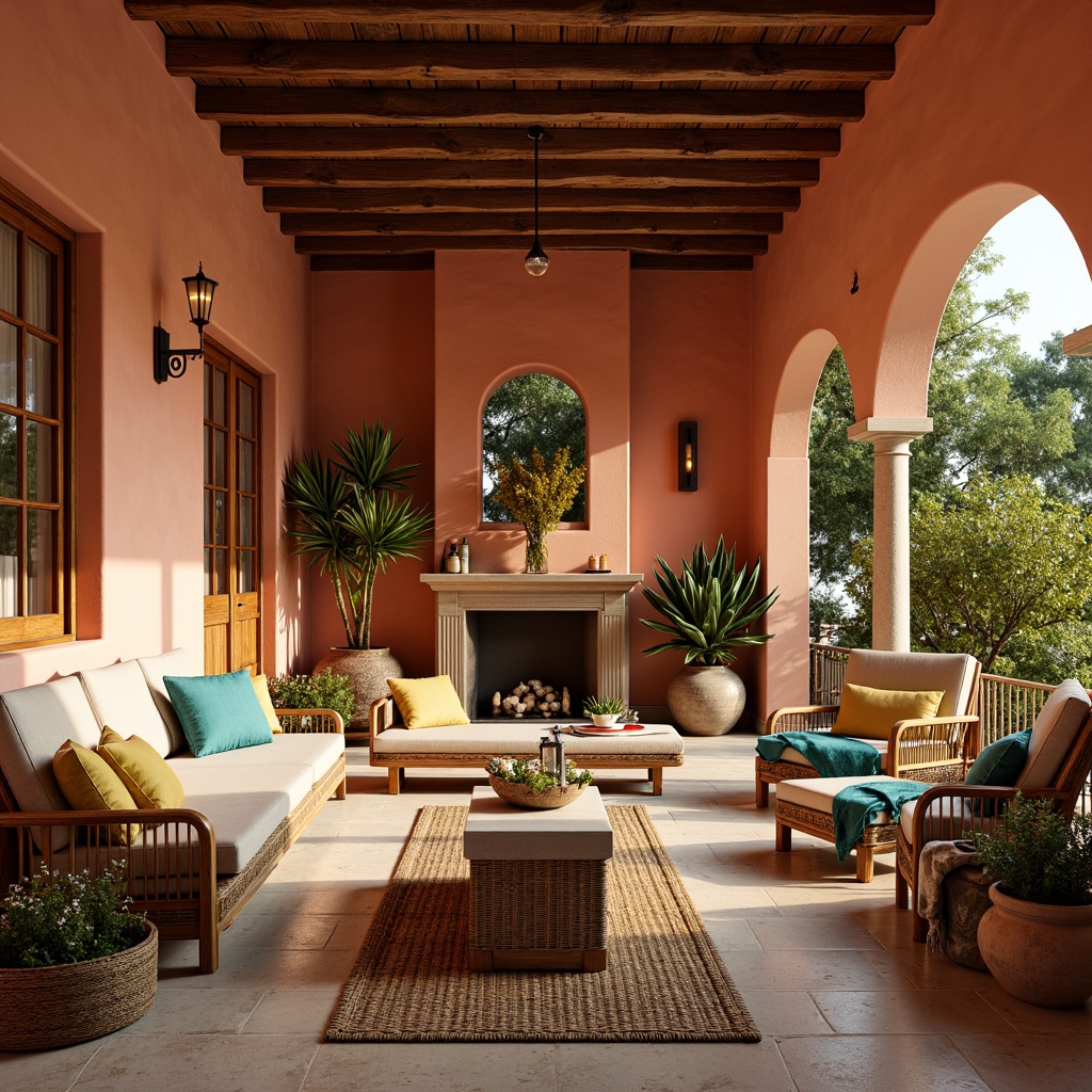 Prompt: Warm terracotta walls, soft creamy whites, rich wood tones, turquoise accents, sunny yellow hues, earthy reds, natural stone floors, woven wicker furniture, ornate metalwork details, lush greenery, vibrant florals, distressed wooden beams, rustic clay pots, aromatic candle lighting, cozy plush textiles, warm golden lighting, shallow depth of field, 3/4 composition, realistic textures, ambient occlusion.