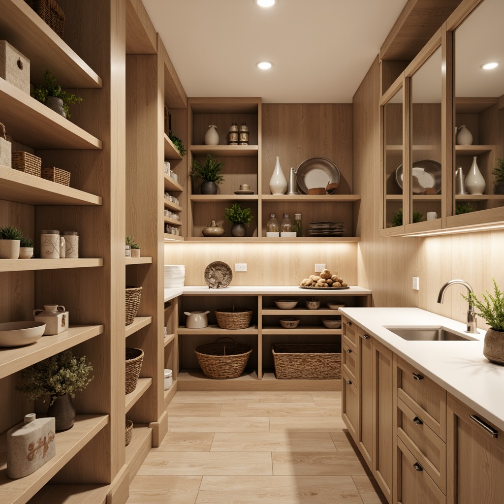 Prompt: Cozy pantry space, warm beige tones, soft ambient lighting, recessed LED lights, glass pendant fixtures, polished chrome finishes, adjustable track lighting, under-cabinet task lighting, natural wood shelves, woven baskets, earthy ceramic vases, rustic metal decor, creamy white countertops, subtle texture contrasts, 1/2 composition, shallow depth of field, warm color temperature, softbox shadows.