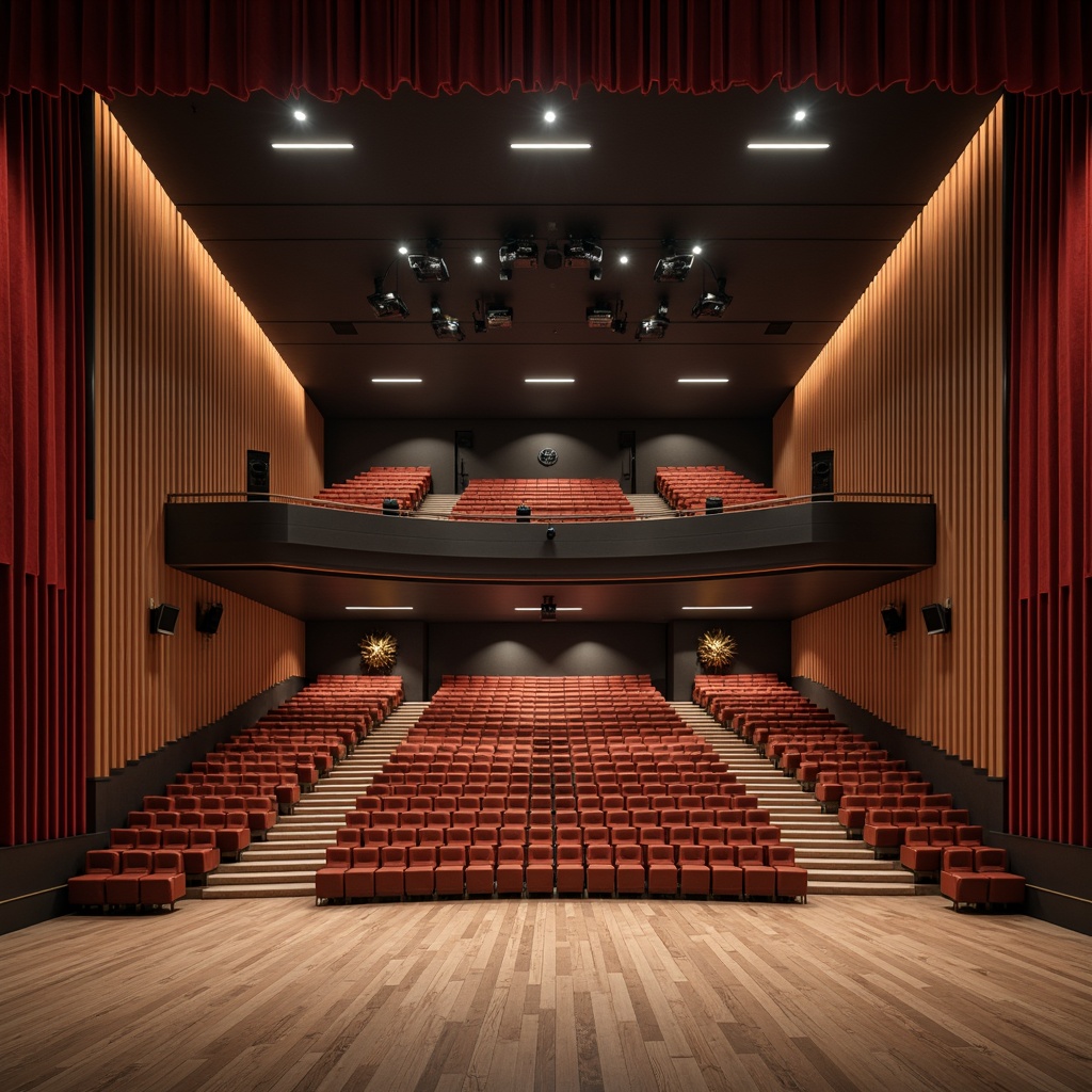 Prompt: Streamlined auditorium, modern minimalist interior, sleek curved lines, polished wooden floors, silver metallic accents, comfortable cushioned seats, tiered seating arrangement, intimate performance space, subtle ambient lighting, soft warm glow, shallow depth of field, 2/3 composition, panoramic view, realistic textures, ambient occlusion, crimson red velvet curtains, luxurious gold ornaments, elegant geometric patterns, sophisticated sound systems.