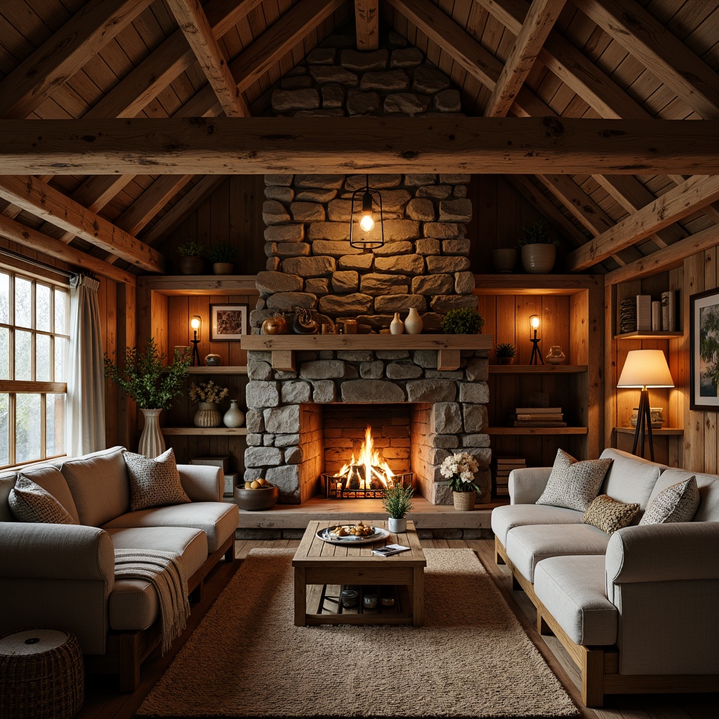 Prompt: Rustic cabin, wooden beams, earthy tones, stone fireplace, warm candlelight, soft lanterns, distressed wood furniture, vintage metal fixtures, natural linen fabrics, woven baskets, pendant lighting, Edison bulbs, industrial metal shades, warm golden glow, cozy ambiance, subtle shadows, low-key illumination, intimate atmosphere.