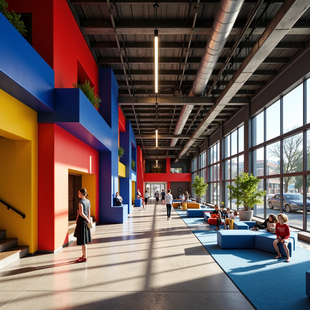 Prompt: Vibrant community center, bold color palette, primary red accents, deep blue tones, yellow ochre hues, geometric shapes, industrial materials, exposed ductwork, polished concrete floors, minimalist decor, functional furniture, abundant natural light, large windows, open floor plans, modernist architecture, brutalist influences, urban landscapes, bustling city streets, dynamic atmosphere, high contrast lighting, dramatic shadows, 1/1 composition, realistic textures, ambient occlusion.