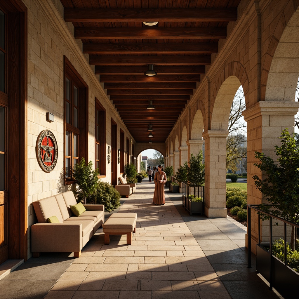 Prompt: Traditional university buildings, rich wood tones, earthy brown stones, rustic brick walls, ornate moldings, classic columns, solemn archways, muted color palette, warm beige tones, soft golden lighting, subtle texture overlays, natural material accents, vintage furniture pieces, intricate stained glass details, sophisticated ambient occlusion, 1/1 composition, realistic rendering.