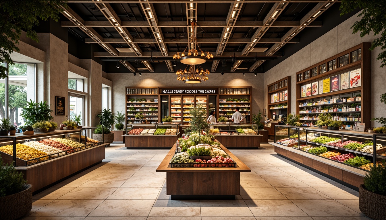 Prompt: Luxurious grocery store interior, Art Deco style, ornate metalwork, geometric patterns, marble countertops, terrazzo floors, vintage-inspired display cases, elegant pendant lighting, rich wood accents, sleek chrome fixtures, bold colorful typography, lavish flower arrangements, lush greenery, warm soft lighting, shallow depth of field, 3/4 composition, panoramic view, realistic textures, ambient occlusion.