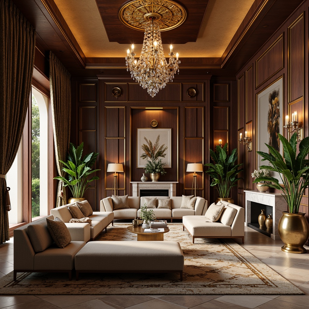 Prompt: Luxurious villa, Art Deco style, opulent furnishings, metallic accents, geometric patterns, velvet drapes, marble floors, ornate chandeliers, gilded details, lavish fabrics, exotic wood trim, sophisticated color palette, soft warm lighting, subtle shadows, 1/1 composition, realistic textures, ambient occlusion.