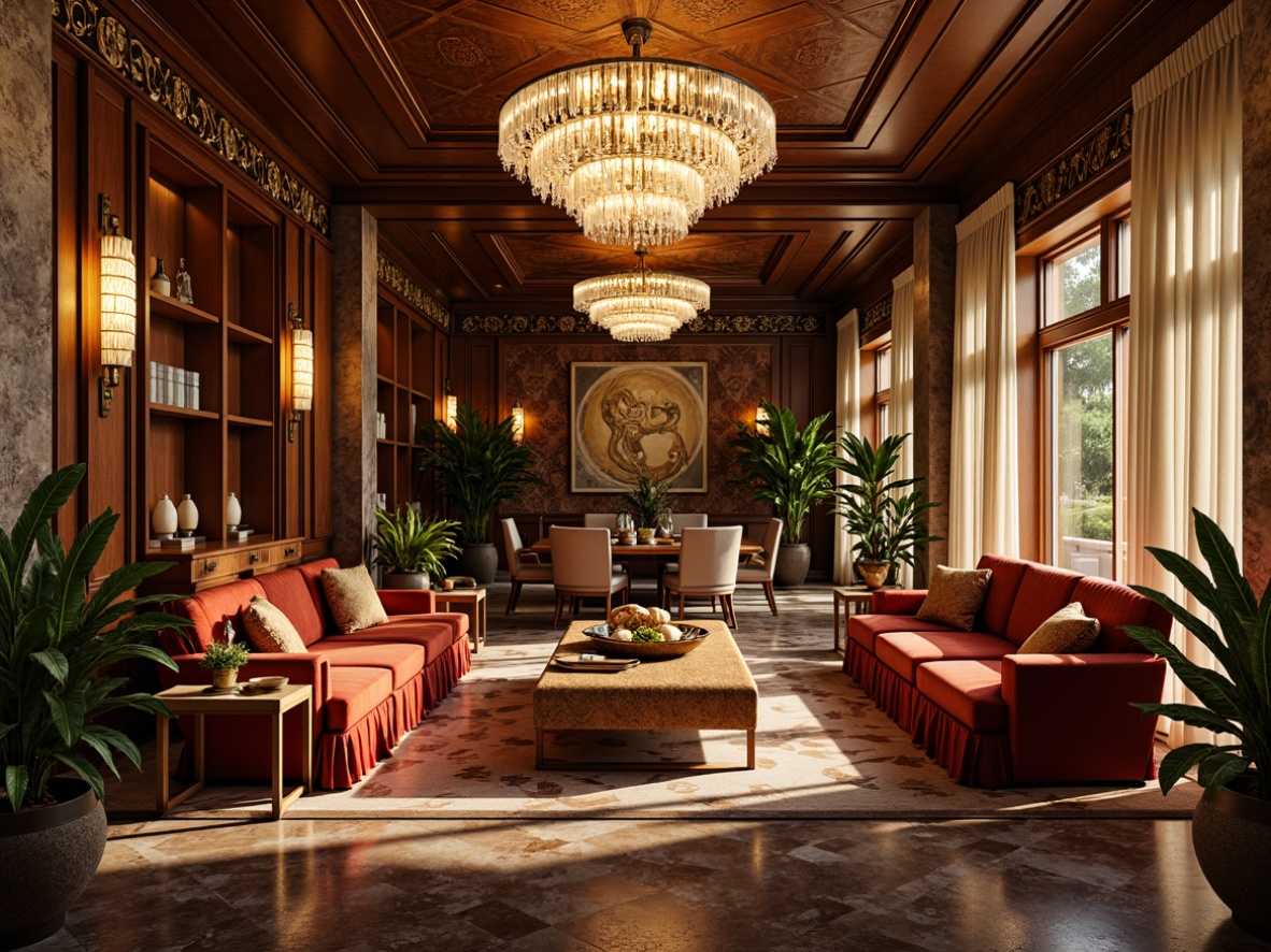 Prompt: Luxurious villa interior, Art Deco style, ornate patterns, metallic accents, opulent fabrics, velvet sofas, marble floors, crystal chandeliers, rich wood paneling, intricate moldings, lavish drapery, geometric shapes, bold color schemes, glamorous ambiance, warm golden lighting, soft focus, shallow depth of field, 1/2 composition, high-contrast rendering, detailed textures, ambient occlusion.