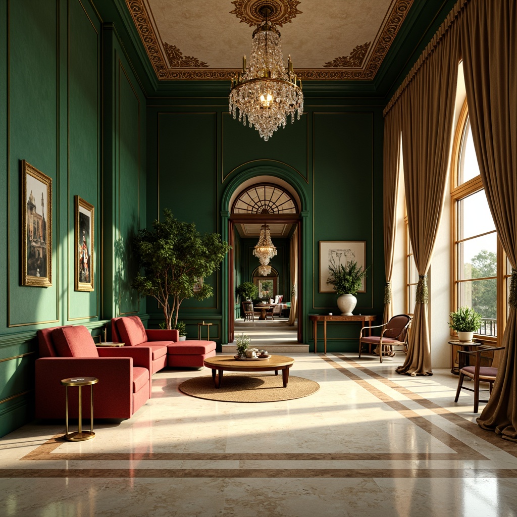 Prompt: Luxurious villa interior, Art Deco style, rich jewel tones, emerald green walls, golden accents, metallic bronze fixtures, opulent crystal chandeliers, soft cream marble floors, velvety crimson sofas, ornate geometric patterns, lavish silk drapes, warm sunlit ambiance, subtle gradient lighting, 1/1 composition, realistic textures, ambient occlusion.