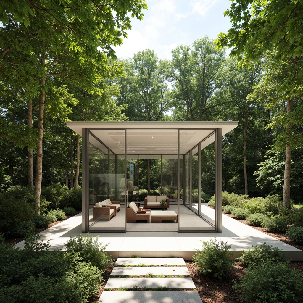 Prompt: Minimalist pavilion, open-air structure, transparent glass roof, sliding glass doors, white marble floors, sleek metal frames, cantilevered rooflines, lush greenery surroundings, natural stone pathways, serene forest ambiance, dappled shade, warm soft lighting, high ceilings, 1/1 composition, symmetrical framing, gentle focus blur, realistic material textures, subtle ambient occlusion.