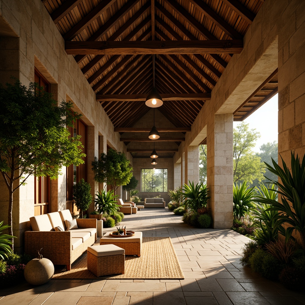 Prompt: Tropical monastery interior, warm natural lighting, vaulted ceilings, wooden beams, stone walls, lush greenery, exotic plants, rattan furniture, woven textiles, earthy tones, soft warm colors, gentle shadows, dramatic archways, ornate carvings, tranquil atmosphere, peaceful ambiance, subtle animations, realistic materials, high dynamic range, cinematic camera angles, 1/1 composition, intimate focus.