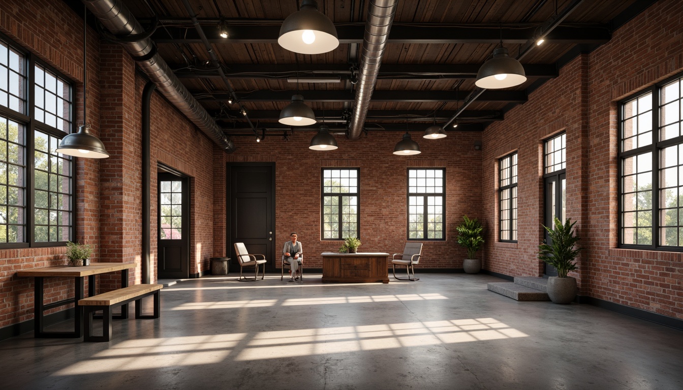 Prompt: Industrial warehouse, exposed brick walls, metal beams, concrete floors, modern industrial lighting fixtures, suspended pendant lamps, high-bay LED lights, rustic metal shades, reclaimed wood accents, urban loft atmosphere, dramatic shadows, warm neutral tones, softbox lighting, 1/1 composition, realistic textures, ambient occlusion.