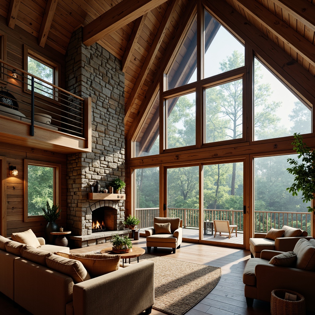 Prompt: Rustic wooden cabin, natural stone walls, earthy tone colors, reclaimed wood accents, cozy fireplace, plush furnishings, vintage decorations, open concept living area, high ceilings, large windows, sliding glass doors, panoramic views, surrounding forest, lush greenery, misty morning, warm soft lighting, shallow depth of field, 1/1 composition, realistic textures, ambient occlusion.