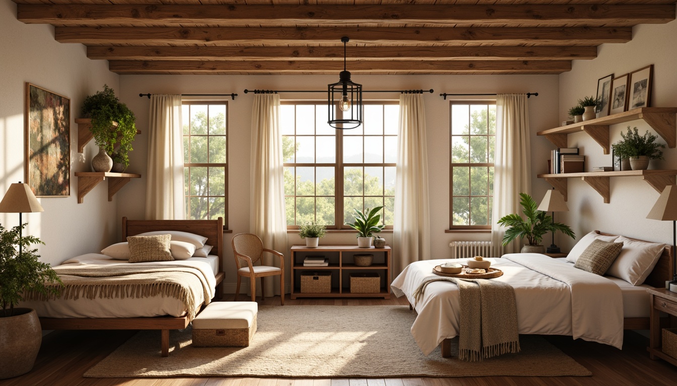 Prompt: Cozy farmhouse-style dorm room, rustic wooden accents, vintage metal lanterns, soft warm glow, table lamps with burlap shades, pendant lights with metal cage details, distressed wood beam ceiling, natural fiber rugs, plush throw blankets, earthy color palette, warm beige walls, creamy white furniture, woven wicker baskets, greenery on shelves, morning sunlight, gentle highlights, shallow depth of field, 1/2 composition, realistic textures, ambient occlusion.