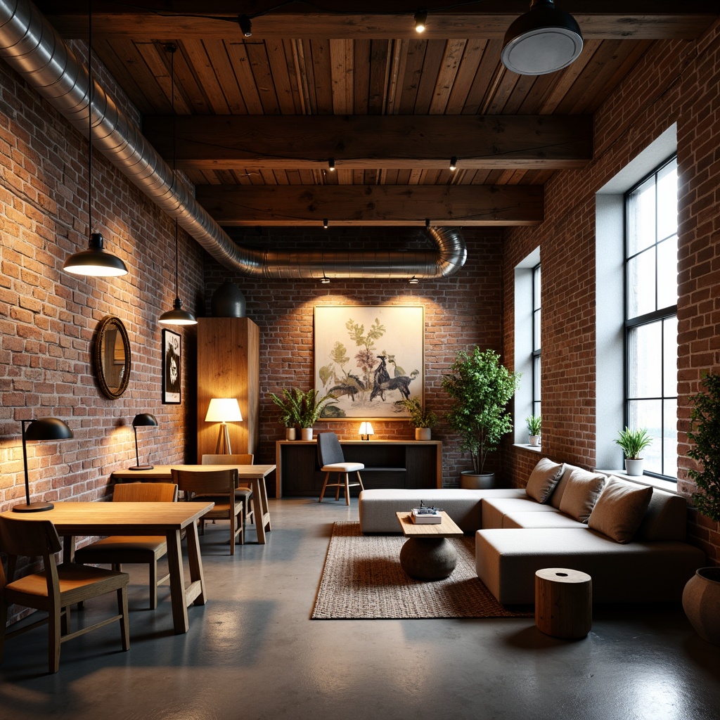 Prompt: Industrial chic loft, exposed brick walls, wooden beam ceilings, metal piping, minimalist decor, modern furniture, urban atmosphere, soft warm lighting, floor lamps, table lamps, string lights, pendant lights, cozy reading nooks, comfortable seating areas, functional task lighting, layered lighting design, bright accent lighting, subtle shadowing, realistic textures, ambient occlusion.