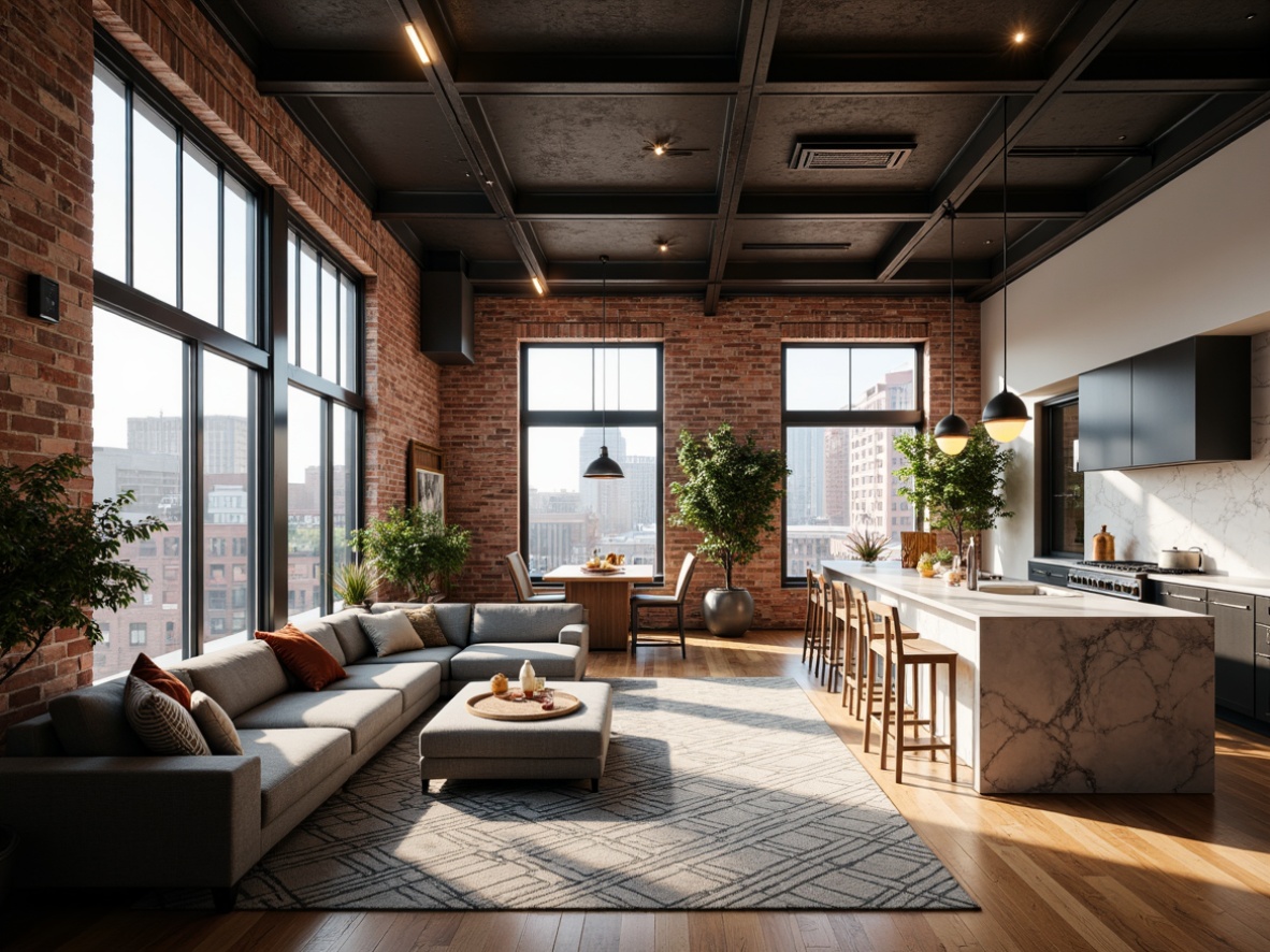 Prompt: Industrial chic loft, exposed brick walls, high ceilings, metal beams, reclaimed wood flooring, minimalist decor, modern sleek lines, floor-to-ceiling windows, natural light pouring in, urban cityscape views, cozy reading nooks, plush sectional sofas, geometric patterned rugs, industrial-style lighting fixtures, Edison bulbs, open-concept kitchen, marble countertops, stainless steel appliances, breakfast bar, pendant lights, soft warm ambiance, shallow depth of field, 3/4 composition, panoramic view, realistic textures, ambient occlusion.