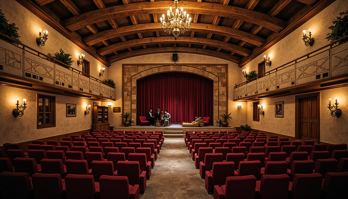 Prompt: Rustic opera house, farmhouse-inspired architecture, distressed plaster finishes, worn wooden beams, vintage opera seats, ornate metal chandeliers, grand stage, red velvet curtains, rich gold accents, intricate moldings, natural stone walls, earthy color palette, warm soft lighting, shallow depth of field, 1/1 composition, realistic textures, ambient occlusion.