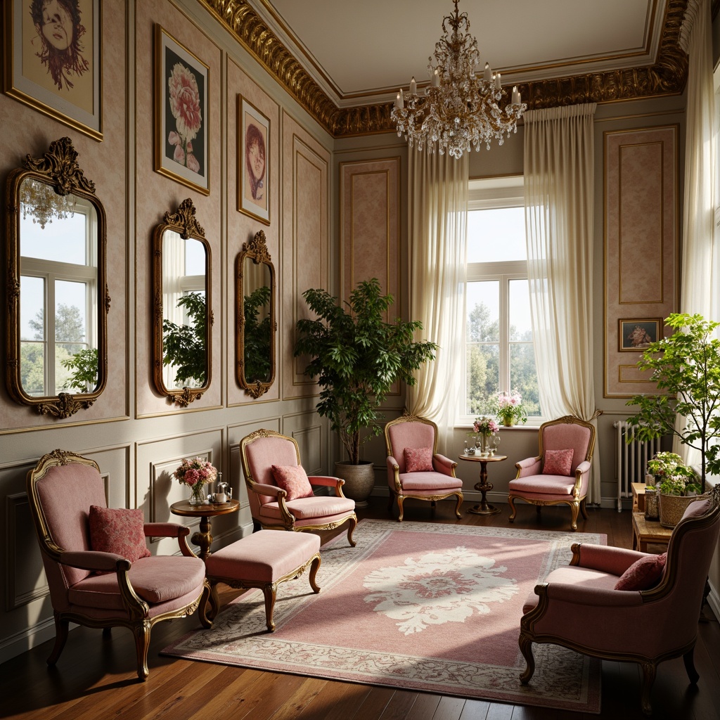 Prompt: Opulent Rococo-style interior, lavish furnishings, intricately carved wooden chairs, ornate mirrors, velvet upholstery, gilded frames, crystal chandeliers, luxurious fabrics, soft pastel colors, delicate florals, antique accessories, curved lines, scalloped edges, French provincial influences, distressed finishes, romantic ambiance, warm golden lighting, shallow depth of field, 1/1 composition, realistic textures, ambient occlusion.