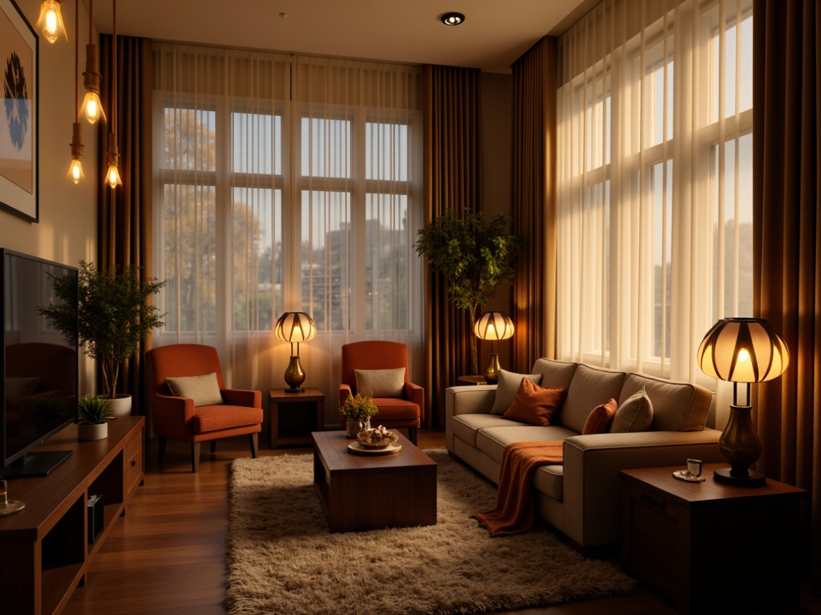 Prompt: Cozy living room, warm ambient lighting, table lamps, floor lamps, soft glowing bulbs, elegant chandeliers, modern pendant lights, natural daylight, sheer curtains, cream-colored walls, dark wood furniture, plush carpeting, intimate seating areas, relaxing atmosphere, warm color scheme, softbox lighting, 1/1 composition, shallow depth of field, realistic textures.