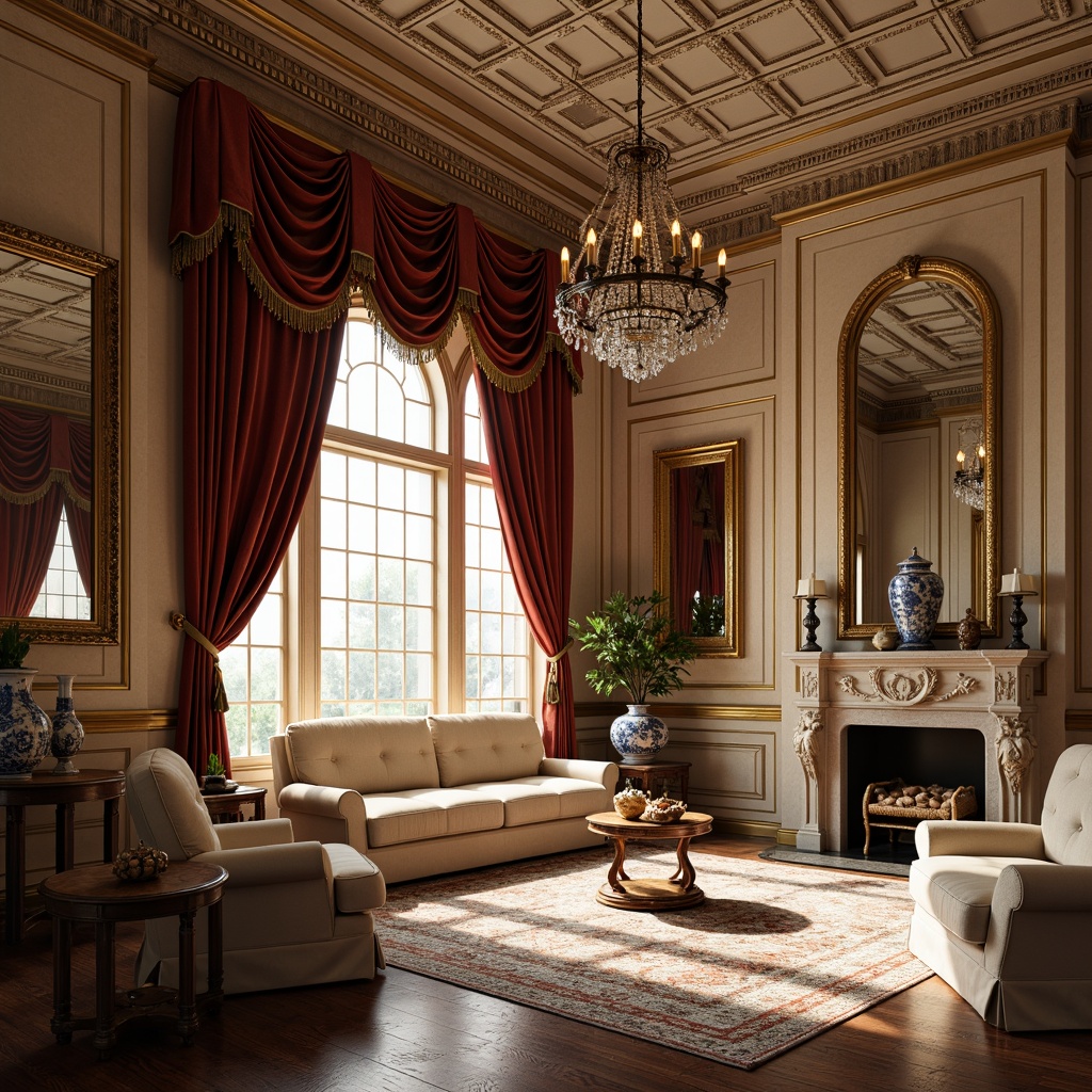 Prompt: Luxurious Renaissance-style interior, rich velvet drapes, ornate gold frames, distressed wooden furniture, intricate stone carvings, warm beige walls, soft cream accents, lavish crystal chandeliers, opulent red and gold tapestries, regal blue and white porcelain vases, subtle texture overlays, natural light pouring in through grand windows, cinematic lighting, shallow depth of field, 1/1 composition, realistic textures, ambient occlusion.