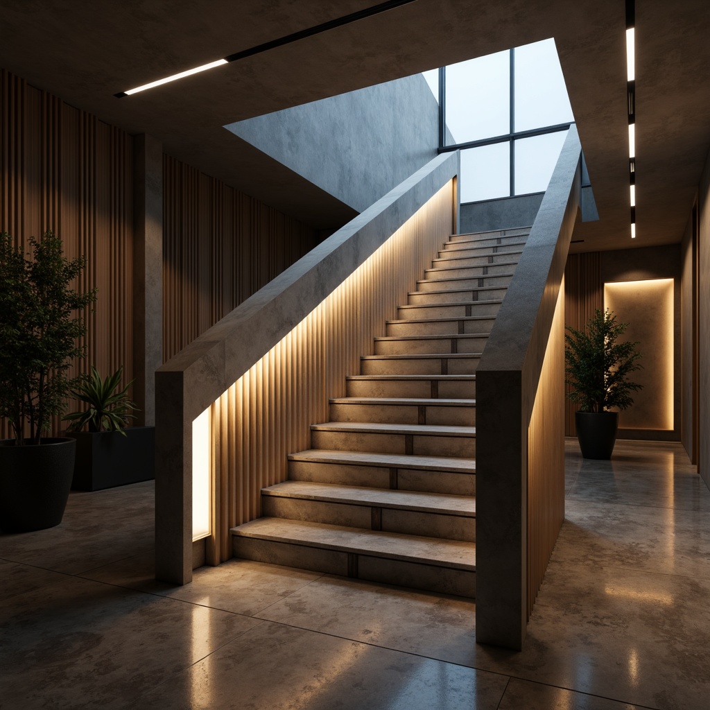 Prompt: Sleek staircase, minimalist handrail, warm white LED lights, subtle ambient glow, futuristic linear profiles, polished metal banisters, luxurious marble steps, soft diffused lighting, dramatic shadowing, 1/1 composition, cinematic rendering, realistic reflections, atmospheric misting.