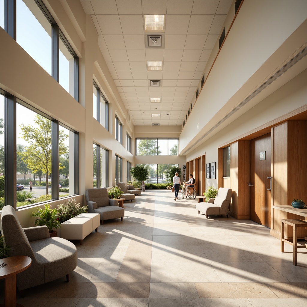 Prompt: Rehabilitation center interior, calming atmosphere, natural wood accents, soft cushioned furniture, wheelchair-accessible pathways, adaptable seating areas, adjustable height tables, non-slip flooring, soothing color schemes, abundant natural light, large windows, gentle lighting fixtures, comfortable patient lounges, medical equipment integration, nurse stations, observation areas, quiet reading nooks, warm beige tones, acoustic paneling, minimal clutter, easy navigation routes, senior-friendly design, circular motion pathways, anti-bacterial surfaces, ergonomic furniture, therapeutic artwork displays, peaceful ambiance, shallow depth of field, 2/3 composition, realistic textures, ambient occlusion.