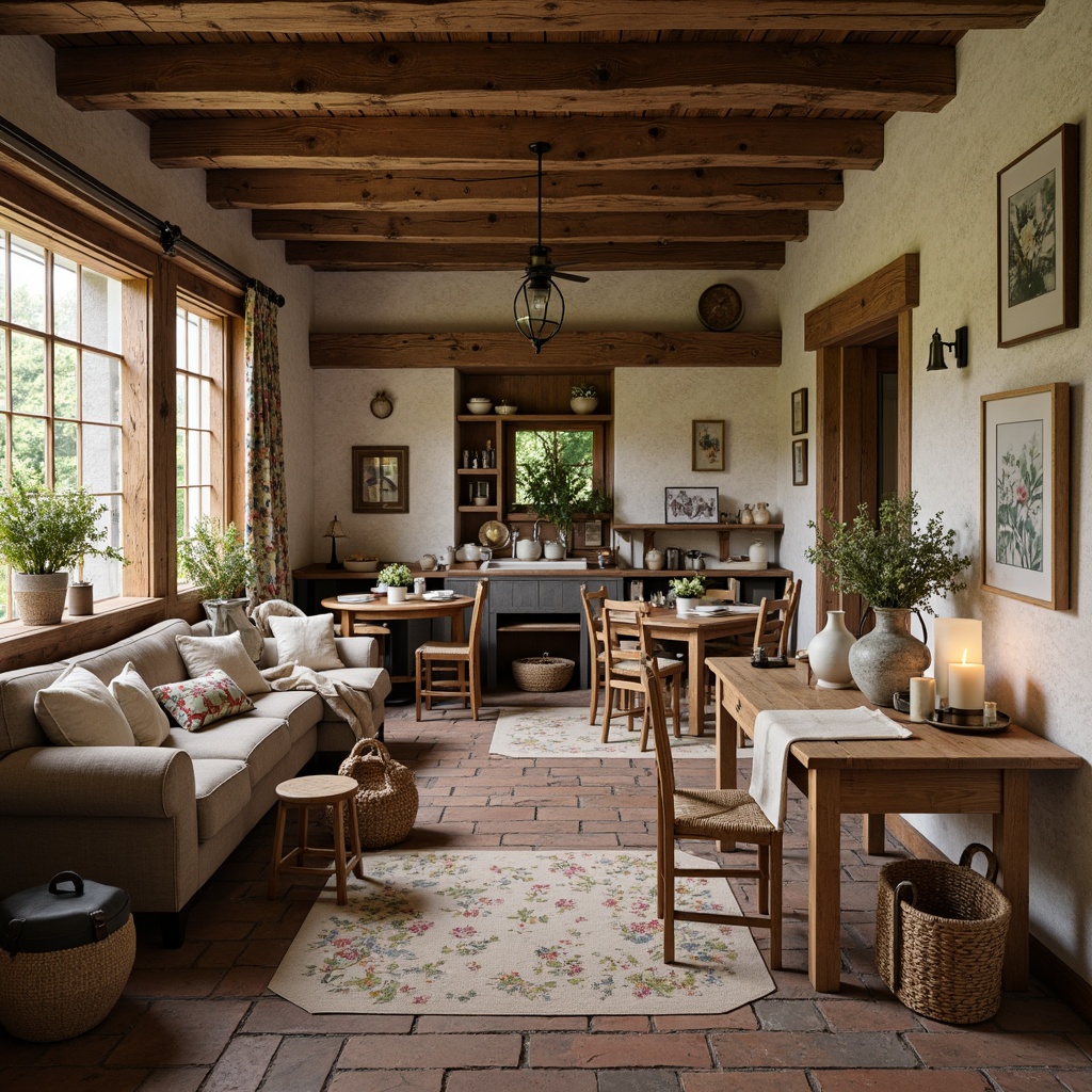 Prompt: Rustic farmhouse, vintage decor, distressed wood furniture, plush cushions, natural fabrics, earthy color palette, wooden beams, stone walls, cozy atmosphere, warm lighting, candles, woven baskets, floral patterns, antique accessories, metal accents, country-inspired artwork, nature-inspired textiles, soft pastel colors, linen upholstery, reclaimed wood tables, wooden chairs, classic farmhouse sink, ceramic tiles, brick floors, natural fiber rugs, lantern-style lighting, 1/1 composition, shallow depth of field, warm softbox lighting.