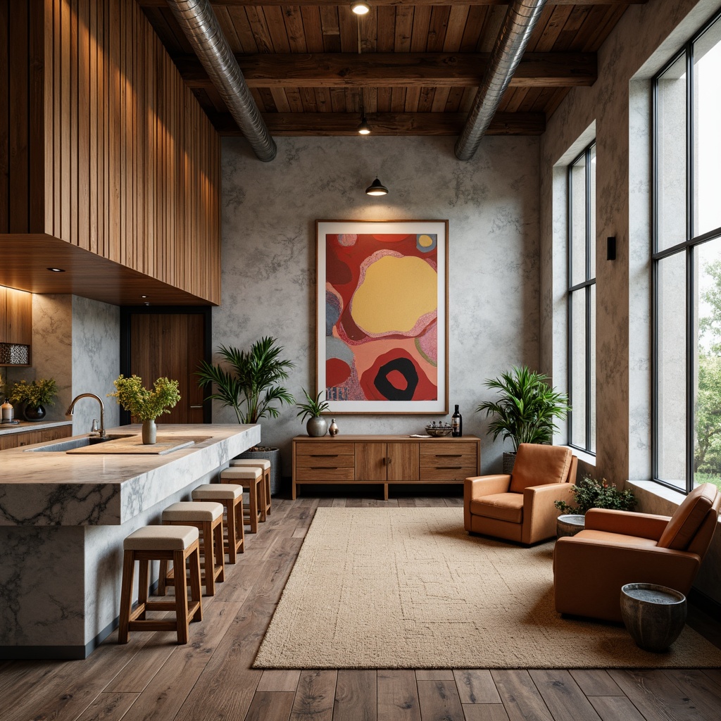 Prompt: Rustic wooden accents, smooth marble countertops, rough-hewn stone walls, velvety soft upholstery, metallic industrial pipes, reclaimed wood flooring, natural fiber rugs, earthy terracotta planters, modern minimalist decor, abstract expressionist artwork, warm cozy lighting, shallow depth of field, 1/1 composition, realistic textures, ambient occlusion.