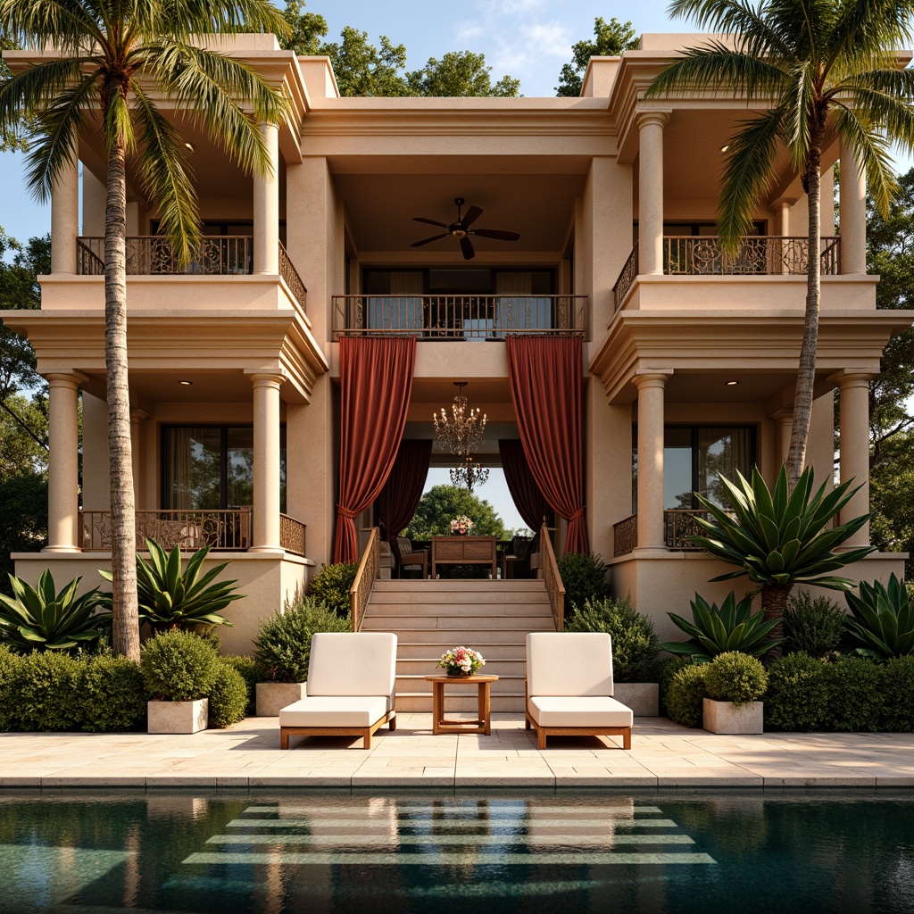 Prompt: Luxurious villa, ornate facade, symmetrical composition, geometric patterns, metallic accents, chrome fixtures, crystal chandeliers, velvet drapes, marble floors, intricate moldings, gilded details, curved lines, luxurious textiles, bold color schemes, opulent furnishings, lavish decorations, tropical plants, sun-kissed gardens, warm golden lighting, shallow depth of field, 1/1 composition, realistic reflections, ambient occlusion.