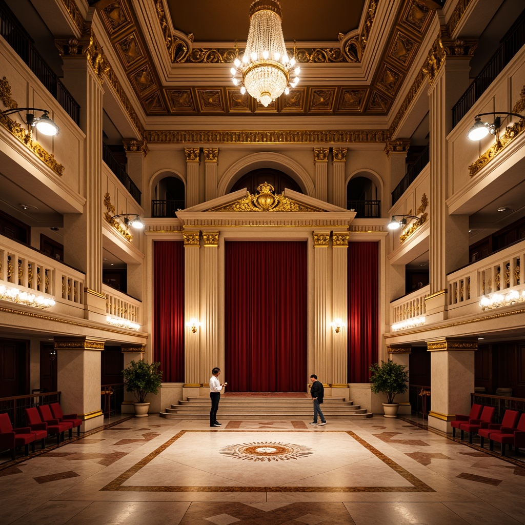 Prompt: Grand performing arts center, neoclassical architecture, majestic columns, ornate capitals, symmetrical facade, grand entrance, sweeping staircase, opulent chandeliers, red velvet curtains, gilded moldings, marble floors, intricate mosaics, high ceilings, dramatic spotlights, warm golden lighting, shallow depth of field, 2/3 composition, panoramic view, realistic textures, ambient occlusion.