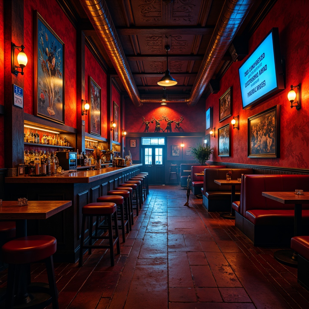 Prompt: Vibrant nightlife scene, dimly lit bar interior, rich wood accents, bold red and blue hues, warm golden lighting, ornate metal fixtures, eclectic artwork, distressed textures, abstract expressionist patterns, moody atmosphere, cinematic shading, high contrast ratio, dramatic spotlighting, 1/2 composition, shallow depth of field.