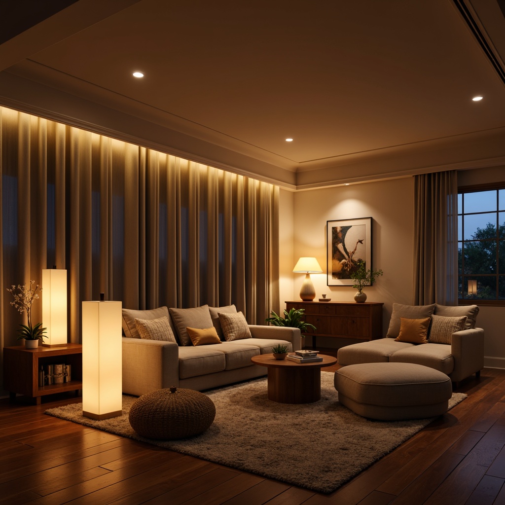 Prompt: Contemporary living room, warm ambiance, cozy atmosphere, floor lamps, table lamps, pendant lights, recessed lighting, soft warm glow, golden hour, natural textures, wooden furniture, plush carpets, comfortable seating, minimal decor, calm mood, shallow depth of field, 1/1 composition, realistic rendering.