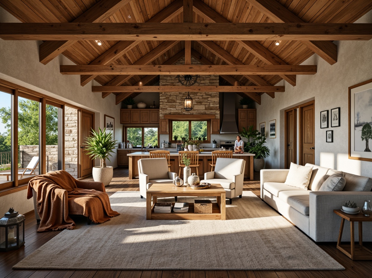 Prompt: Rustic farmhouse, open concept living, vaulted ceilings, exposed wooden beams, natural stone walls, reclaimed wood floors, country-style kitchen, vintage metal lanterns, earthy color palette, plenty of natural light, cozy reading nooks, plush throw blankets, oversized windows, sliding glass doors, lush greenery views, sunny day, soft warm lighting, shallow depth of field, 3/4 composition, panoramic view, realistic textures, ambient occlusion.