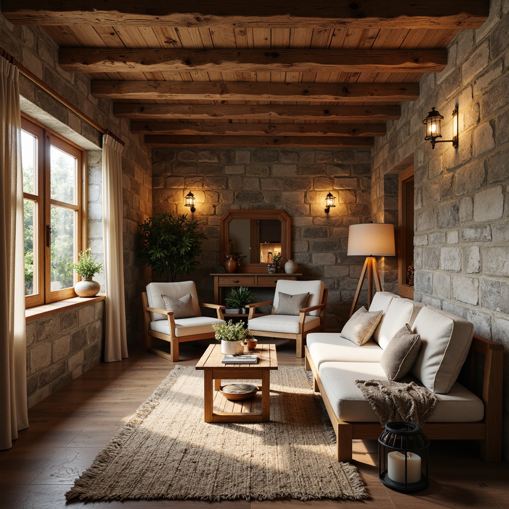 Prompt: Rustic wooden accents, distressed finishes, natural stone walls, earthy color palette, vintage furniture pieces, woven textiles, jute rugs, linen upholstery, burlap drapes, reclaimed wood beams, metal lanterns, candlelight ambiance, warm cozy atmosphere, 1/1 composition, softbox lighting, realistic wood grains, ambient occlusion.