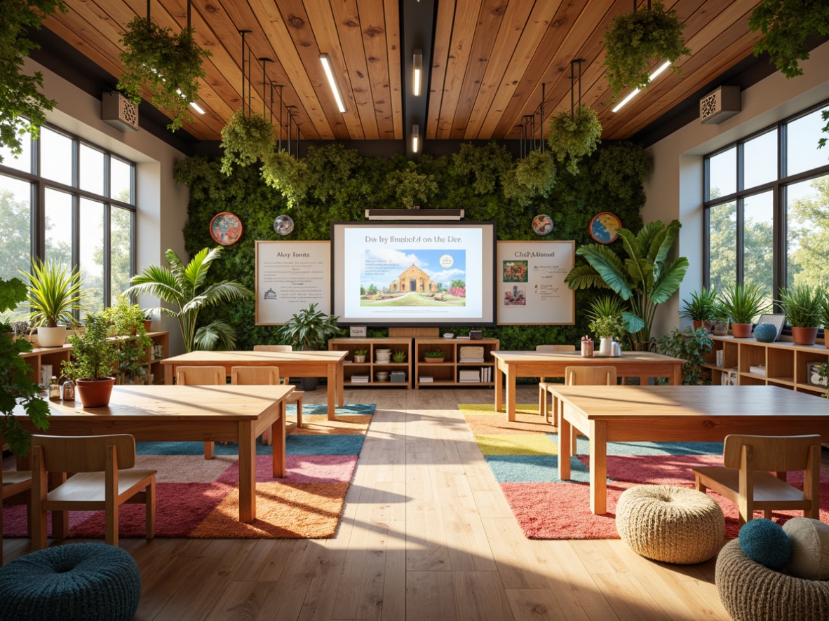 Prompt: Vibrant classroom, natural wood accents, smooth wooden desks, ergonomic chairs, colorful rugs, educational charts, interactive whiteboards, abundant greenery, living walls, recycled material decorations, eco-friendly furniture, soft warm lighting, shallow depth of field, 3/4 composition, panoramic view, realistic textures, ambient occlusion.