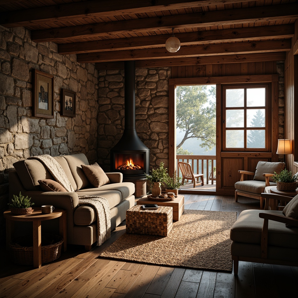 Prompt: Cozy cabin, wooden planks, rustic stone walls, vintage furniture, plush throw blankets, woven baskets, natural fiber rugs, earthy color palette, warm candlelight, soft focus, shallow depth of field, 2/3 composition, inviting atmosphere, tactile sensations, organic shapes, distressed wood textures, rough-hewn stones, crackling fireplace, autumnal foliage, misty morning light.