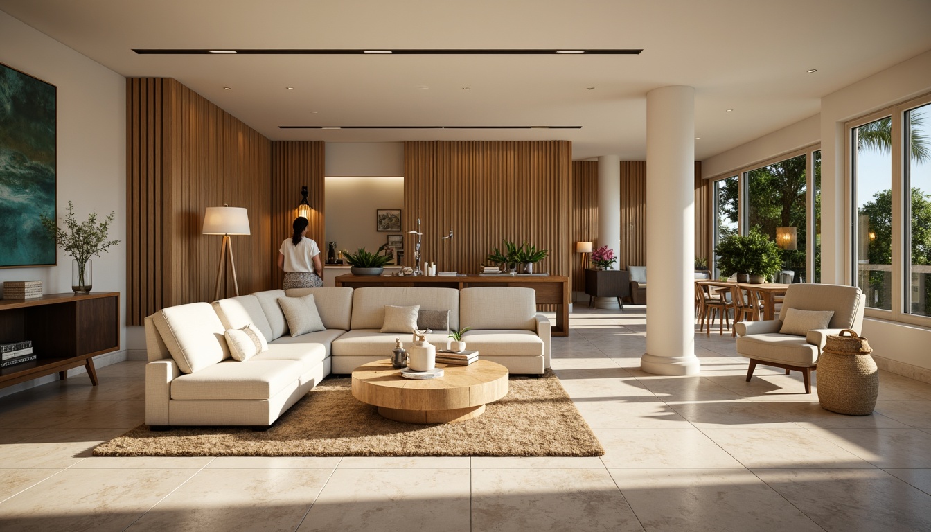 Prompt: Vibrant living room, cozy atmosphere, warm beige walls, rich brown furniture, plush cream-colored sofas, soft golden lighting, natural wood accents, elegant marble floors, modern minimalist decor, calming blue-green accent walls, nature-inspired artwork, oversized windows, abundant natural light, airy feel, 1/1 composition, realistic textures, subtle shadowing.