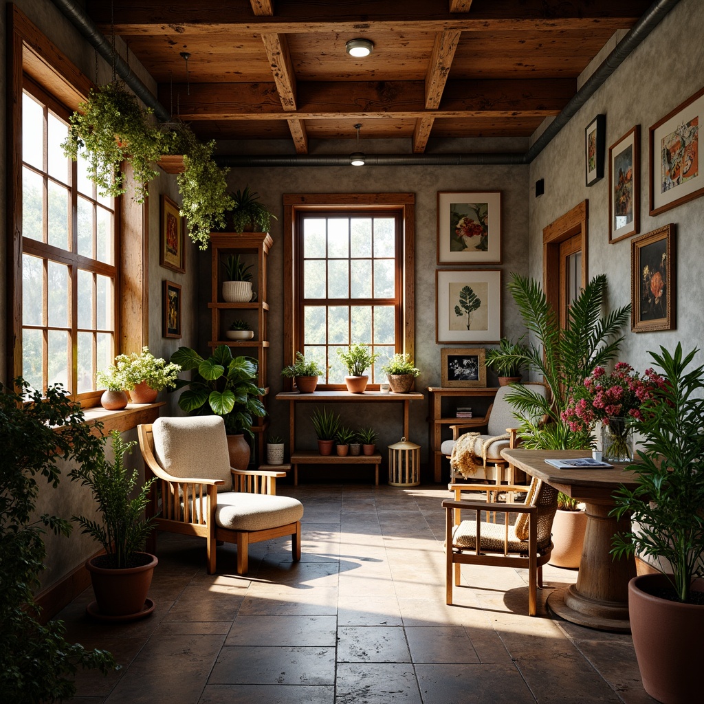 Prompt: Cozy workshop interior, warm wooden accents, industrial metal details, natural stone floors, earthy color scheme, terracotta pots, lush greenery, vibrant flowers, eclectic art pieces, vintage furniture, rustic wooden tables, comfortable cushioned chairs, soft warm lighting, shallow depth of field, 3/4 composition, realistic textures, ambient occlusion.