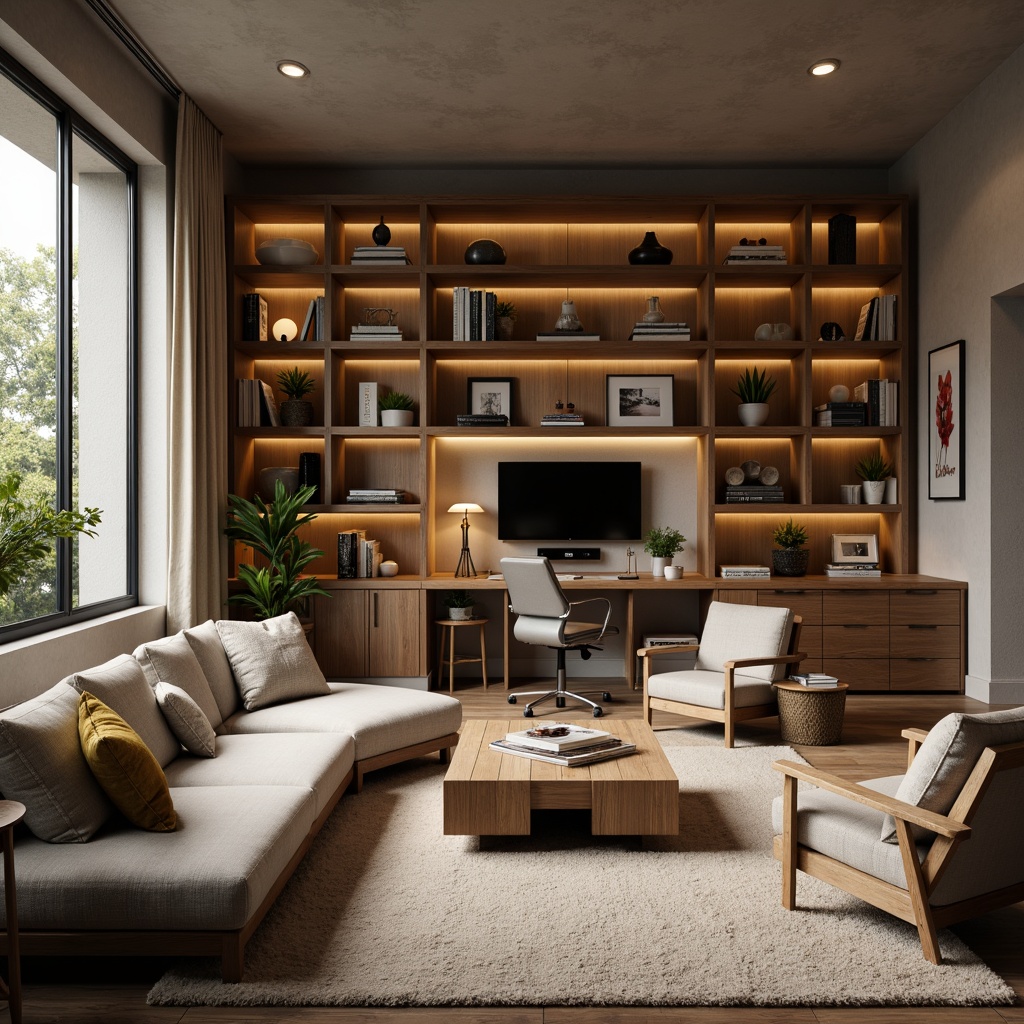 Prompt: Cozy living room, plush sofas, wooden coffee tables, comfortable armchairs, soft cushions, warm lighting, large windows, natural fabrics, earthy color palette, minimalist decor, functional shelves, hidden storage, ergonomic desks, adjustable chairs, task lamps, floor plants, soft rugs, calm atmosphere, 1/1 composition, shallow depth of field, warm color tone, realistic textures.