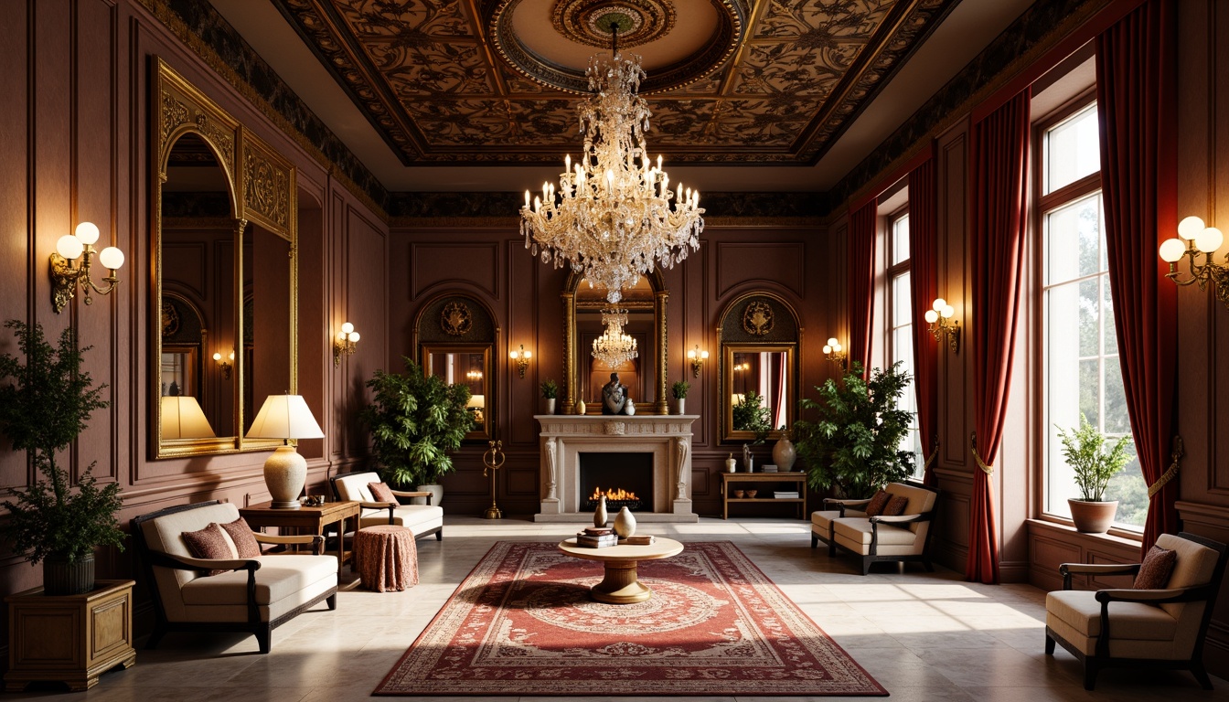 Prompt: Grand chandelier, intricately carved wooden furniture, ornate mirrors, lavish curtains, rich velvet fabrics, golden accents, classical statues, marble floors, high ceilings, symmetrical composition, soft warm lighting, subtle shadows, 1/1 aspect ratio, realistic textures, ambient occlusion, elegant moldings, refined proportions, sophisticated color palette, luxurious atmosphere.