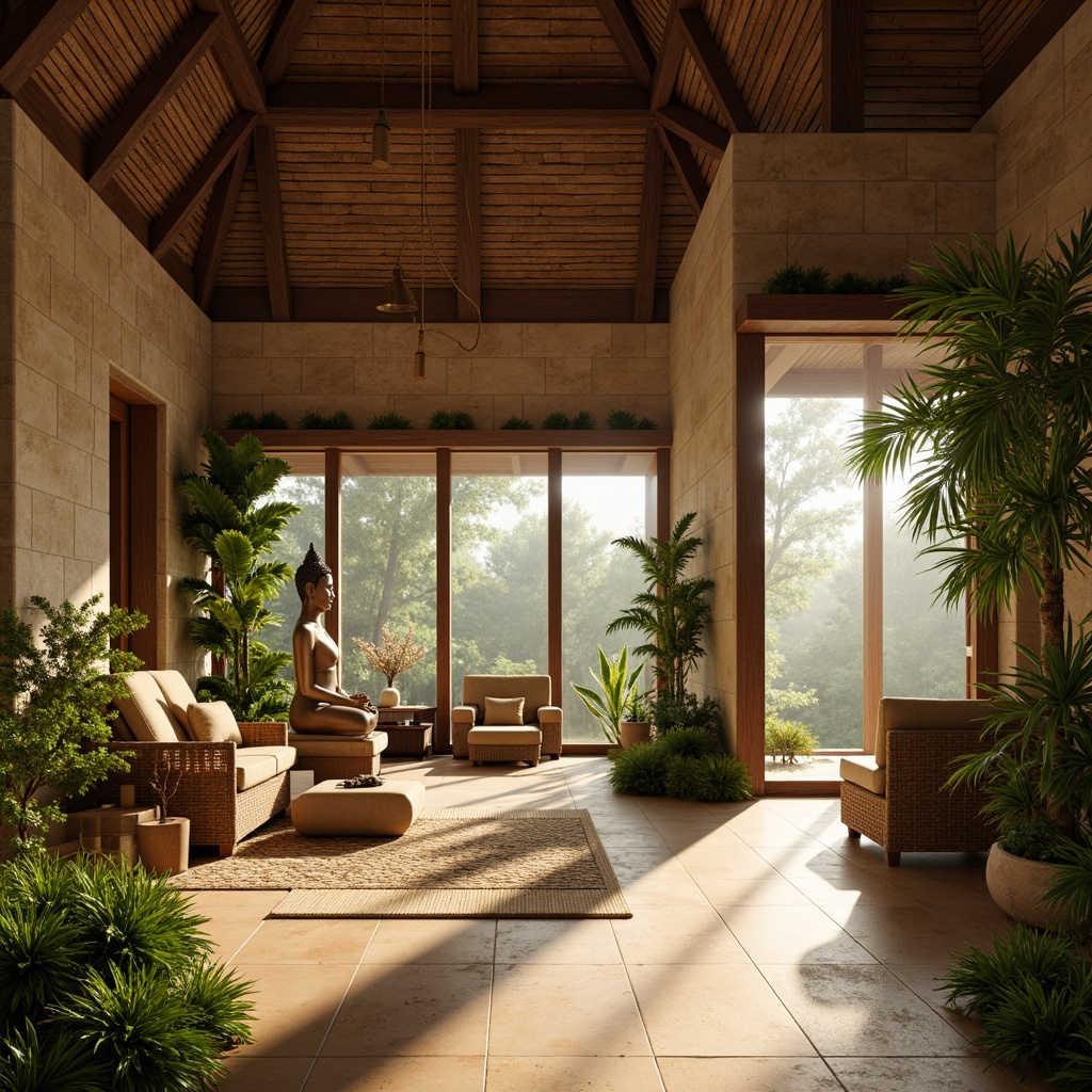 Prompt: Tropical monastery interior, natural stone walls, wooden accents, lush greenery, exotic plants, warm beige floors, vaulted ceilings, large windows, sliding glass doors, soft diffused lighting, warm golden tones, atmospheric misting, serene ambiance, minimalist decor, Buddha statues, intricate carvings, woven textiles, rattan furniture, ambient occlusion, shallow depth of field, 1/1 composition, realistic textures.